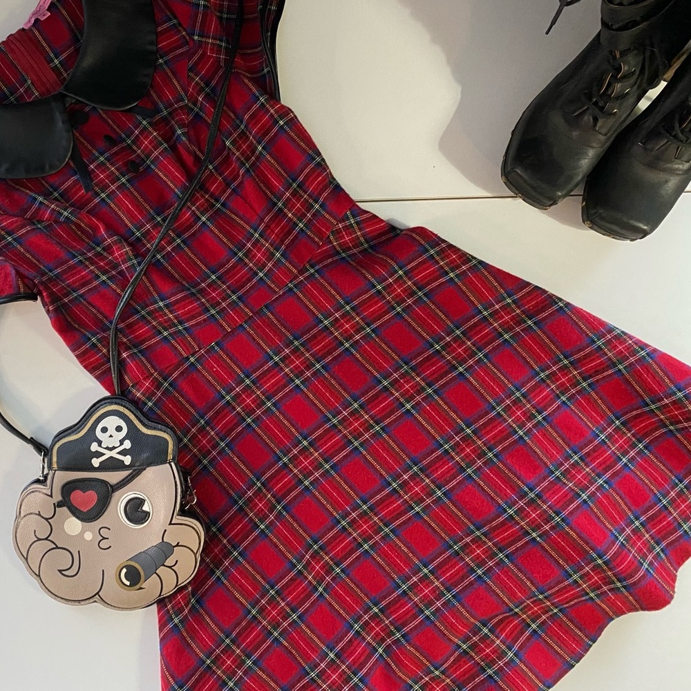 Rebel Love Red Plaid Skater Dress with Faux Leather Peter Pan Collar, Size SMALL
